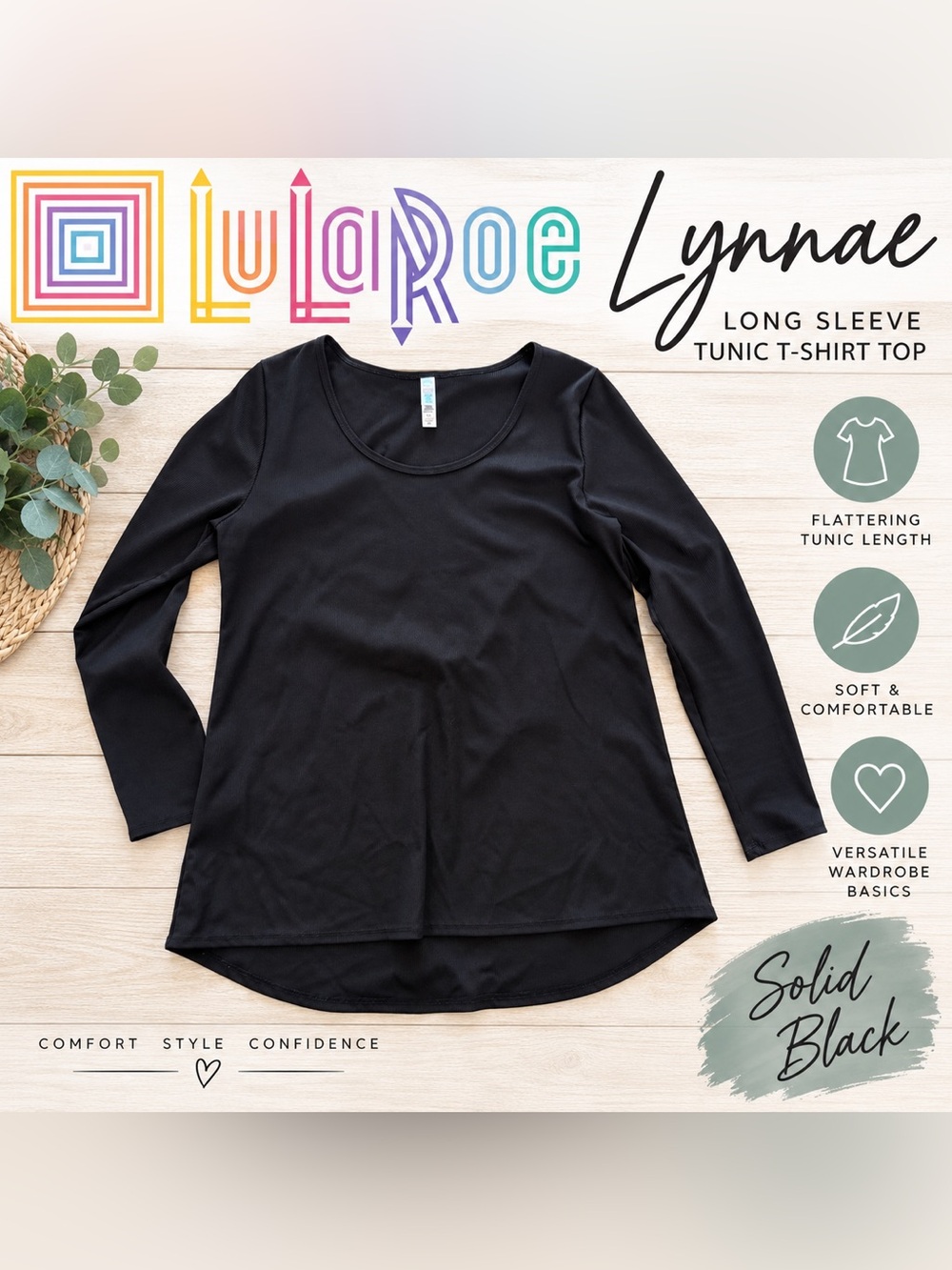 LuLaRoe Lynnae Long Sleeve Tunic T-Shirt Top Solid Black Scoop Neck Women’s XL